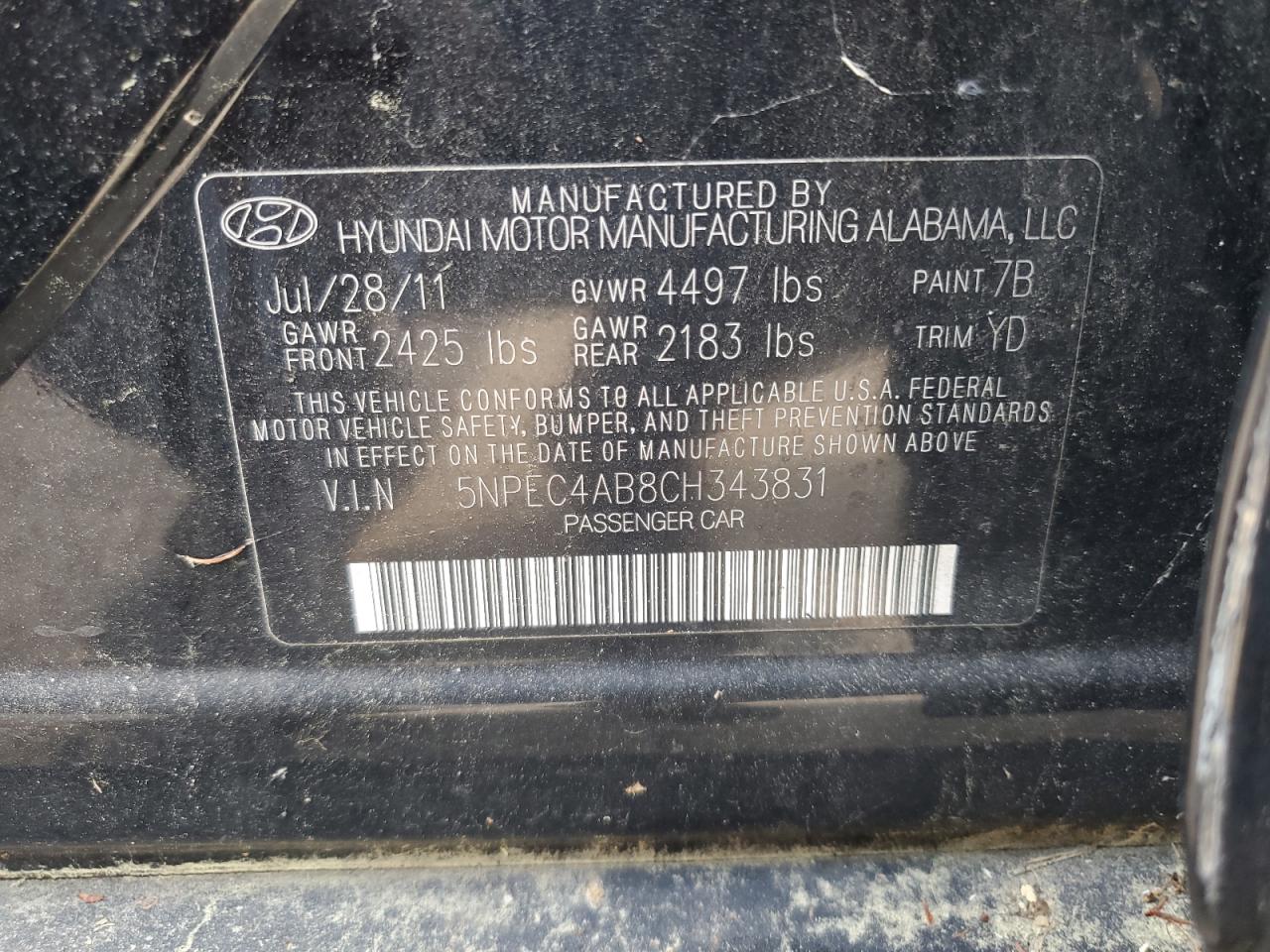 2012 Hyundai Sonata Se vin: 5NPEC4AB8CH343831