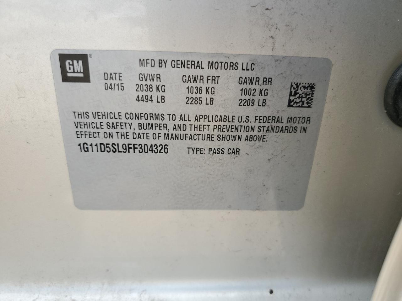 1G11D5SL9FF304326 2015 Chevrolet Malibu 2Lt