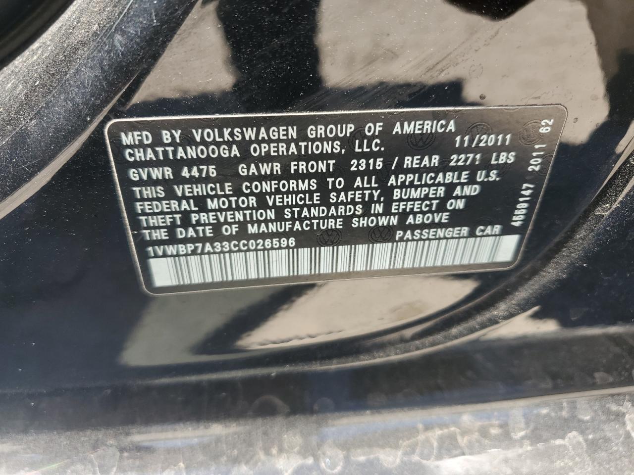 1VWBP7A33CC026596 2012 Volkswagen Passat Se