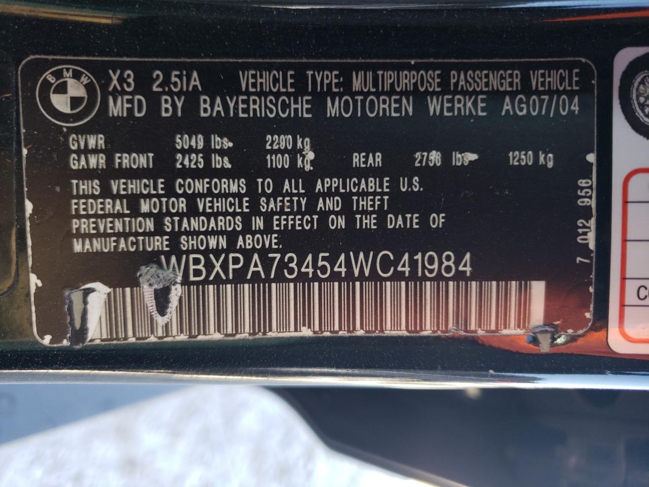 WBXPA73454WC41984 2004 BMW X3 2.5I