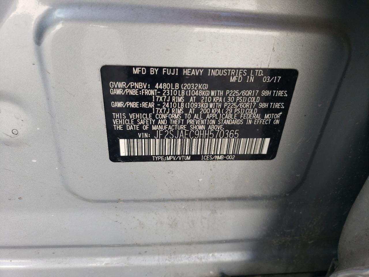 JF2SJAEC9HH570365 2017 Subaru Forester 2.5I Premium