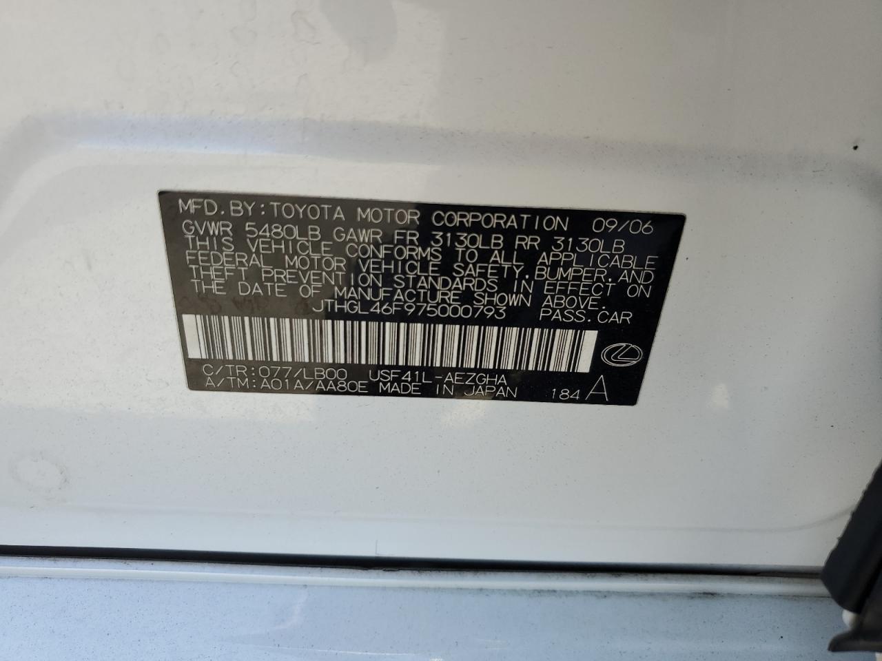 JTHGL46F975000793 2007 Lexus Ls 460L