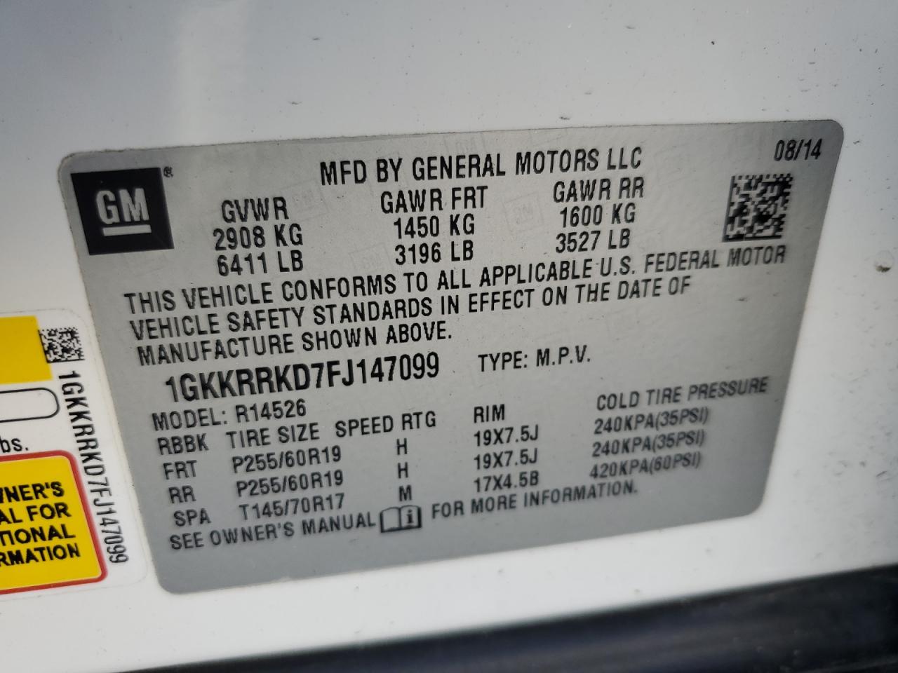 1GKKRRKD7FJ147099 2015 GMC Acadia Slt-1