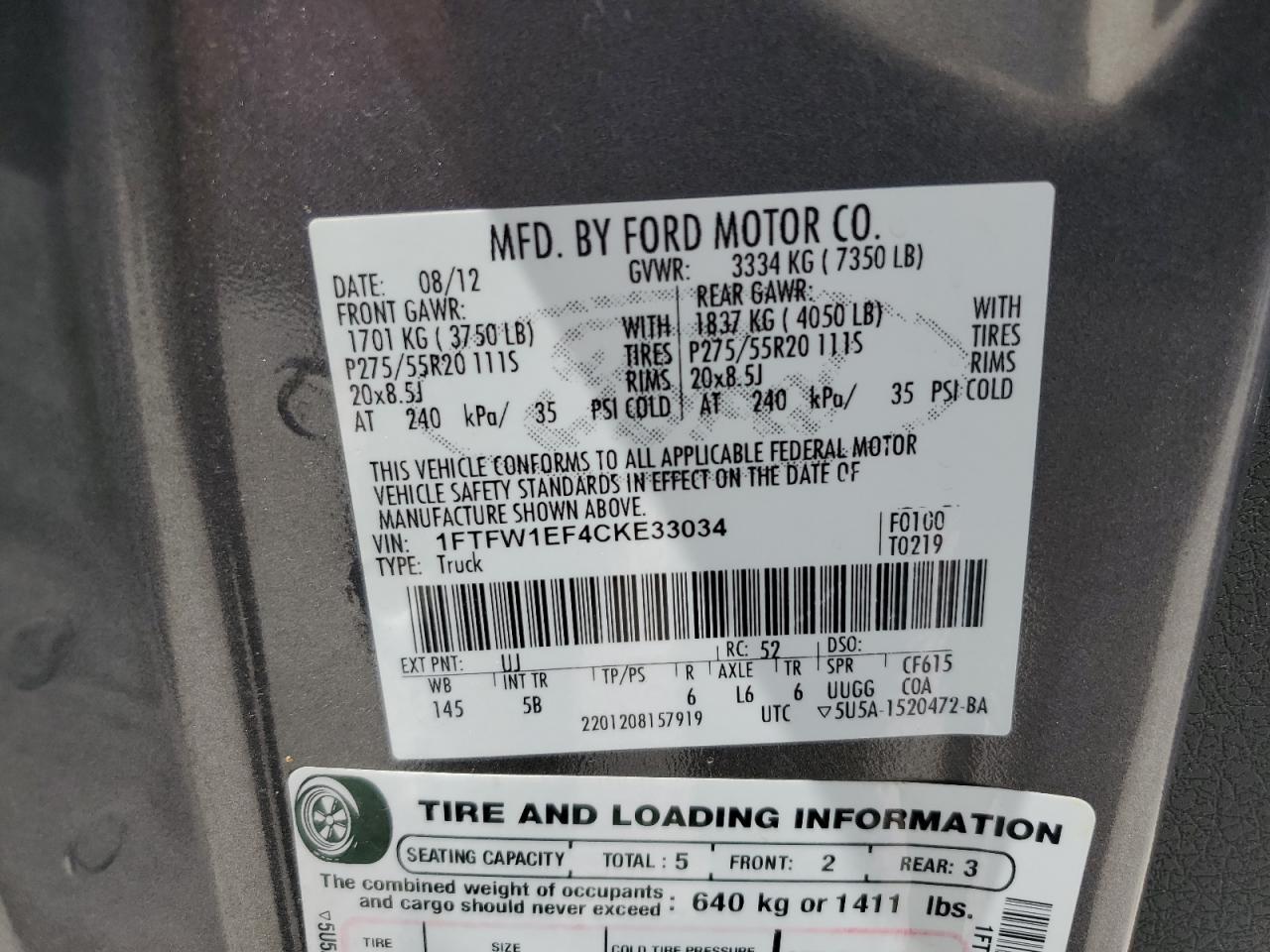 1FTFW1EF4CKE33034 2012 Ford F150 Supercrew