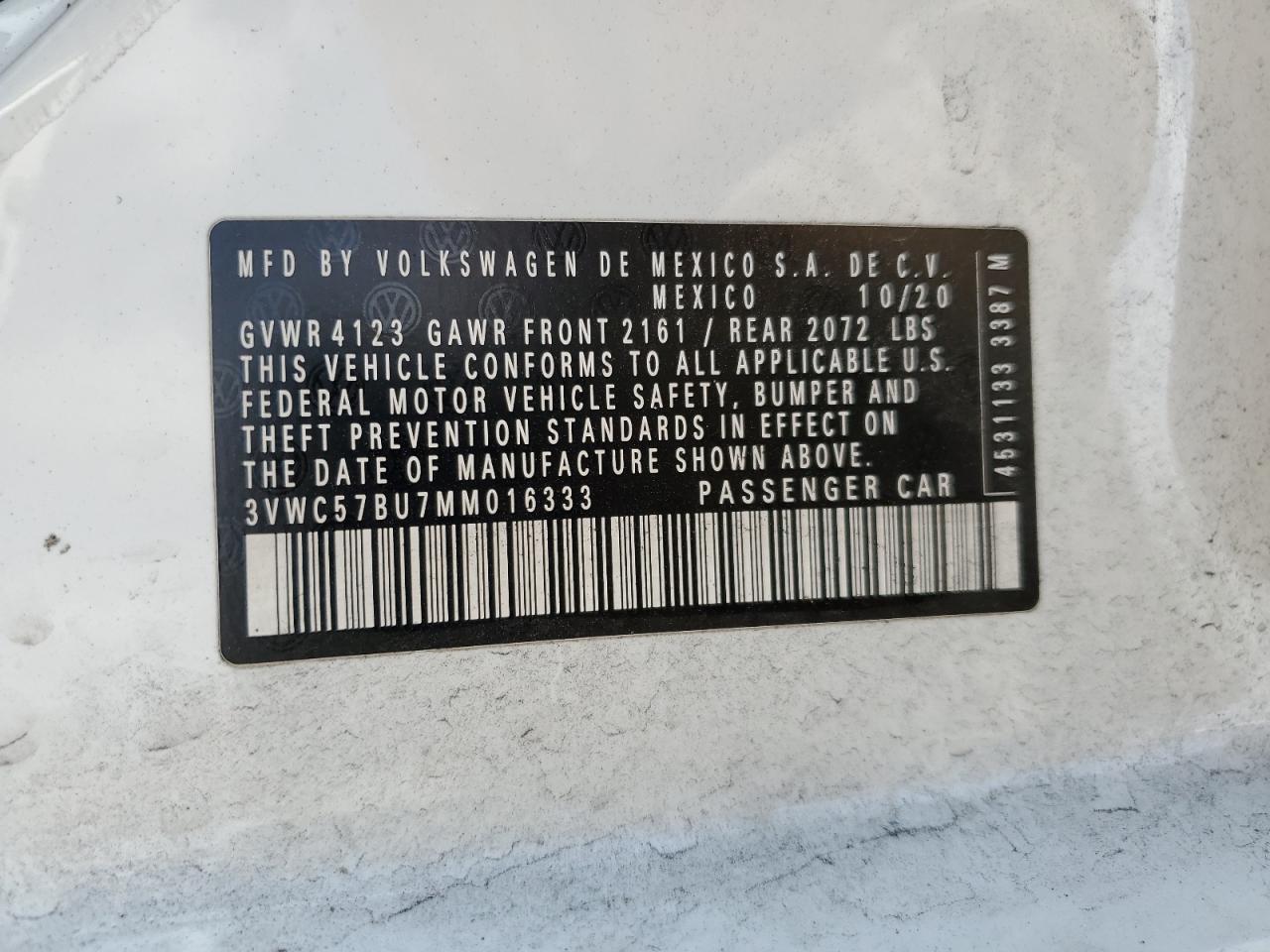 3VWC57BU7MM016333 2021 Volkswagen Jetta S