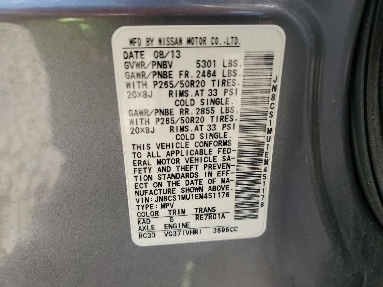 JN8CS1MU1EM451176 2014 Infiniti Qx70