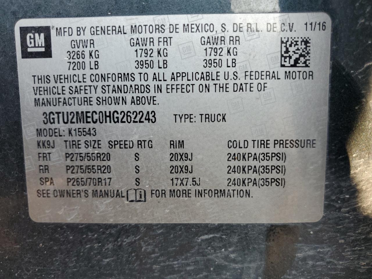 3GTU2MEC0HG262243 2017 GMC Sierra K1500 Sle