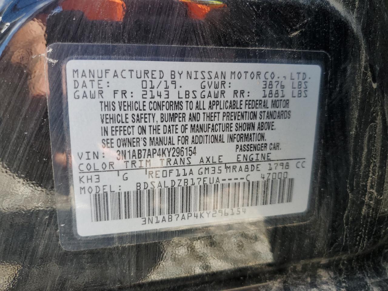 3N1AB7AP4KY296154 2019 Nissan Sentra S