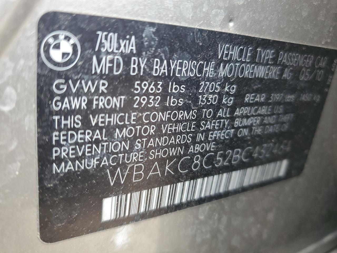 WBAKC8C52BC432464 2011 BMW 750 Lxi