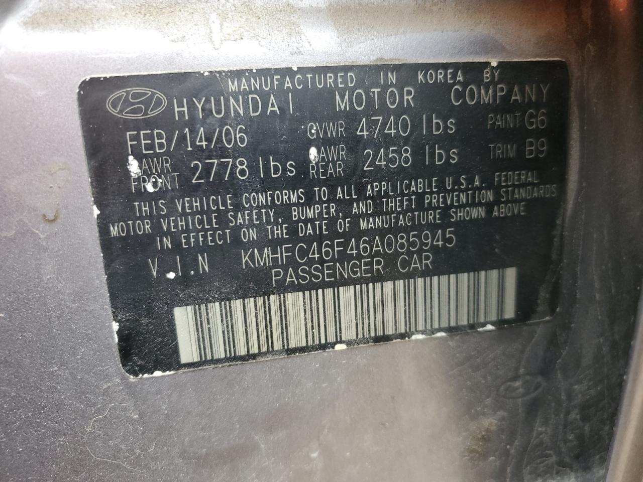 KMHFC46F46A085945 2006 Hyundai Azera Se