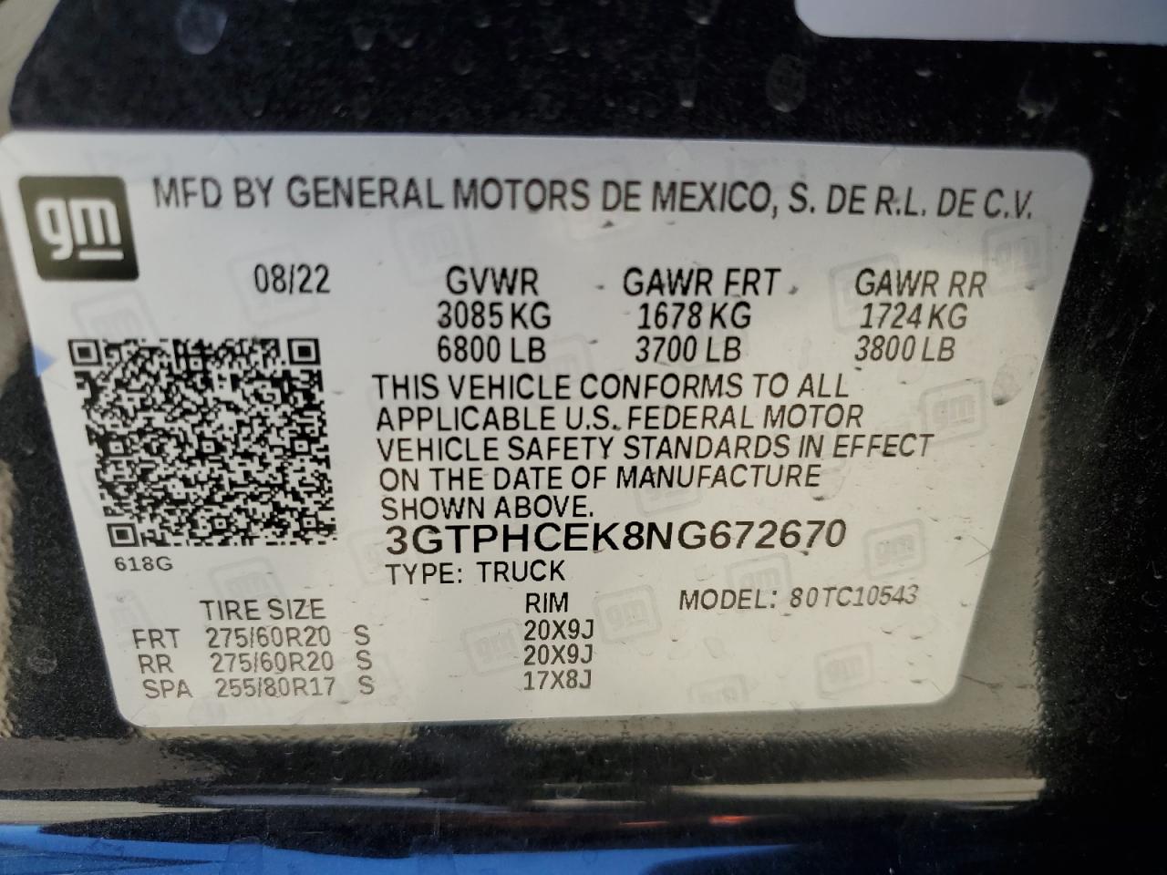 3GTPHCEK8NG672670 2022 GMC Sierra C1500 Elevation