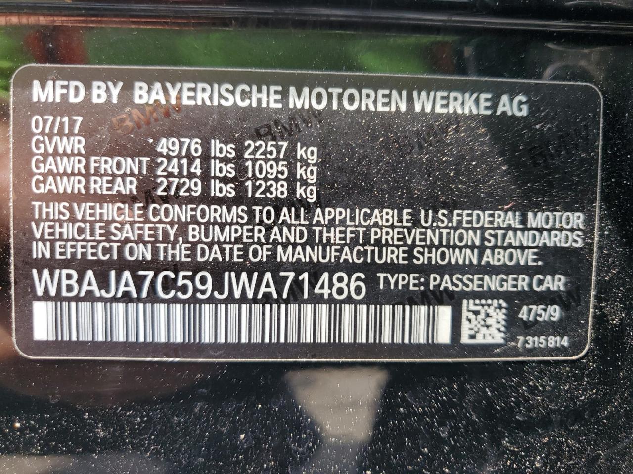 WBAJA7C59JWA71486 2018 BMW 530 Xi