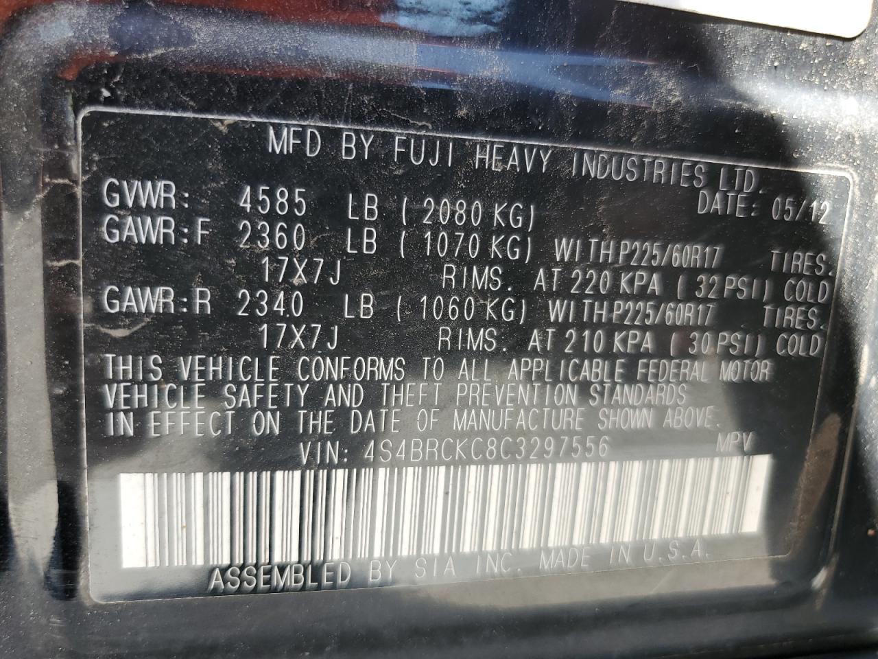 4S4BRCKC8C3297556 2012 Subaru Outback 2.5I Limited