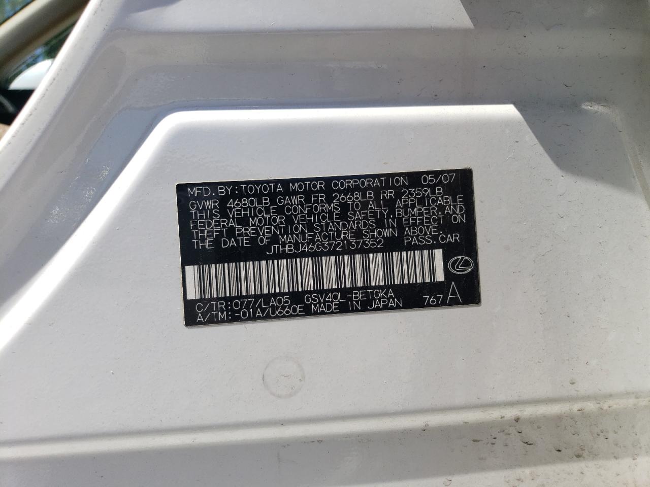 JTHBJ46G372137352 2007 Lexus Es 350