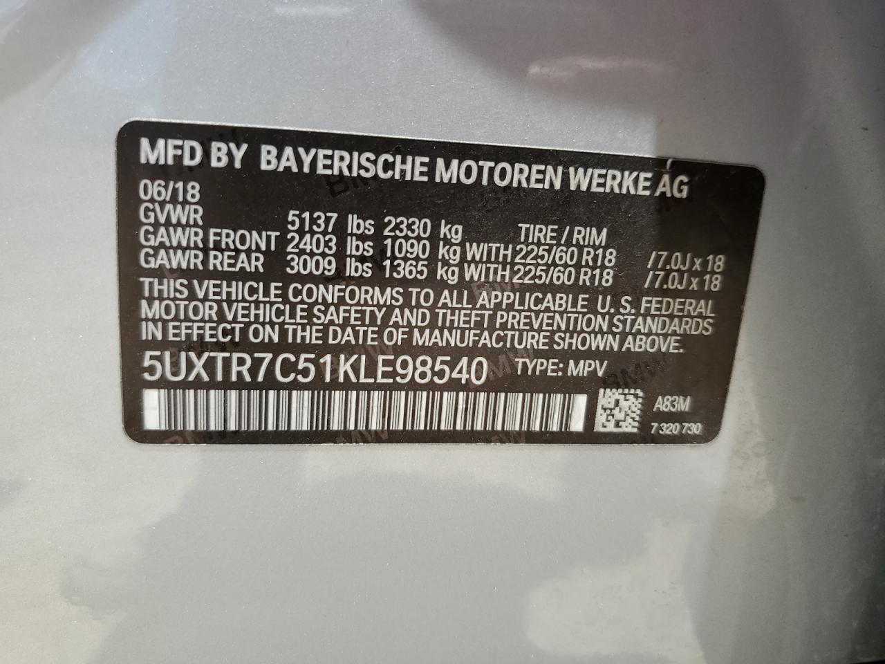 5UXTR7C51KLE98540 2019 BMW X3 Sdrive30I