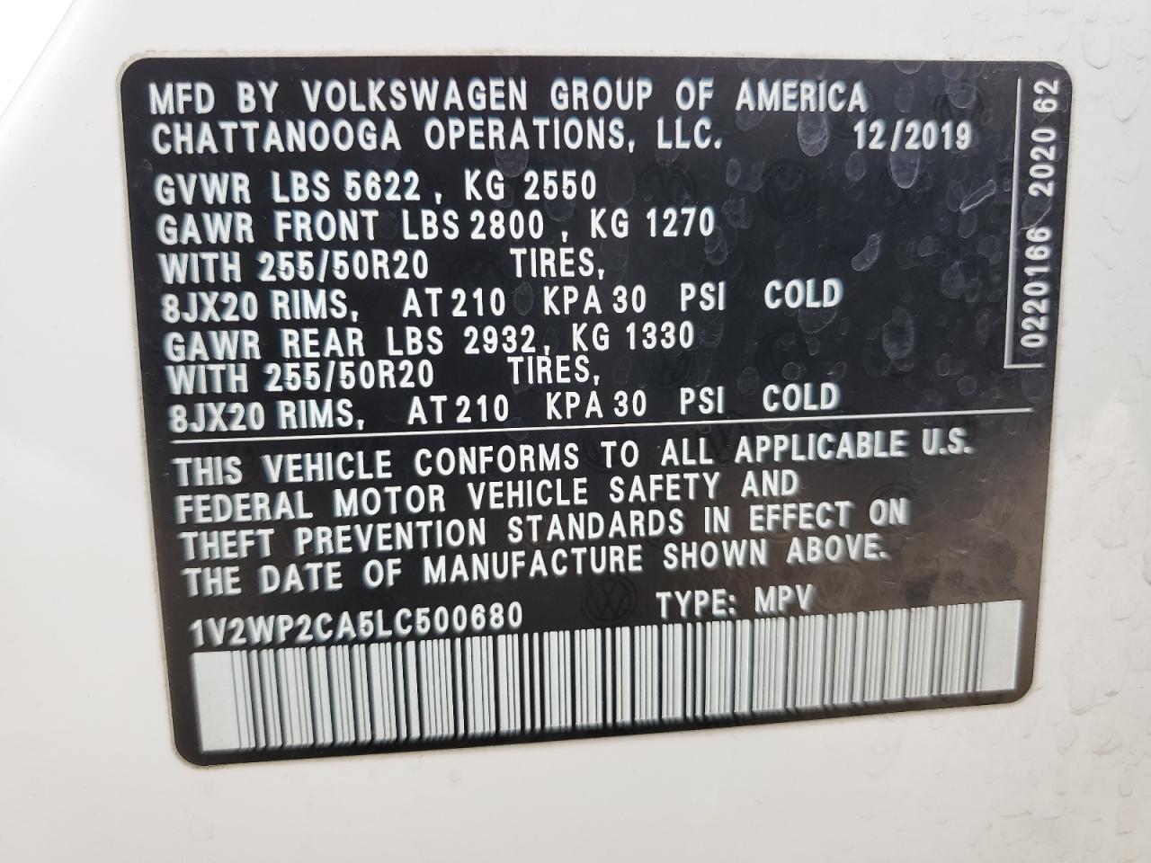 1V2WP2CA5LC500680 2020 Volkswagen Atlas Se