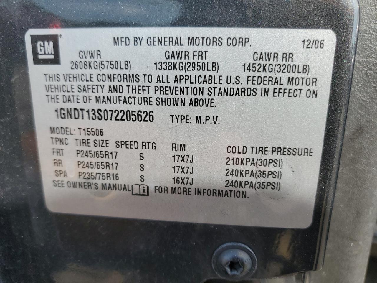 1GNDT13S072205626 2007 Chevrolet Trailblazer Ls