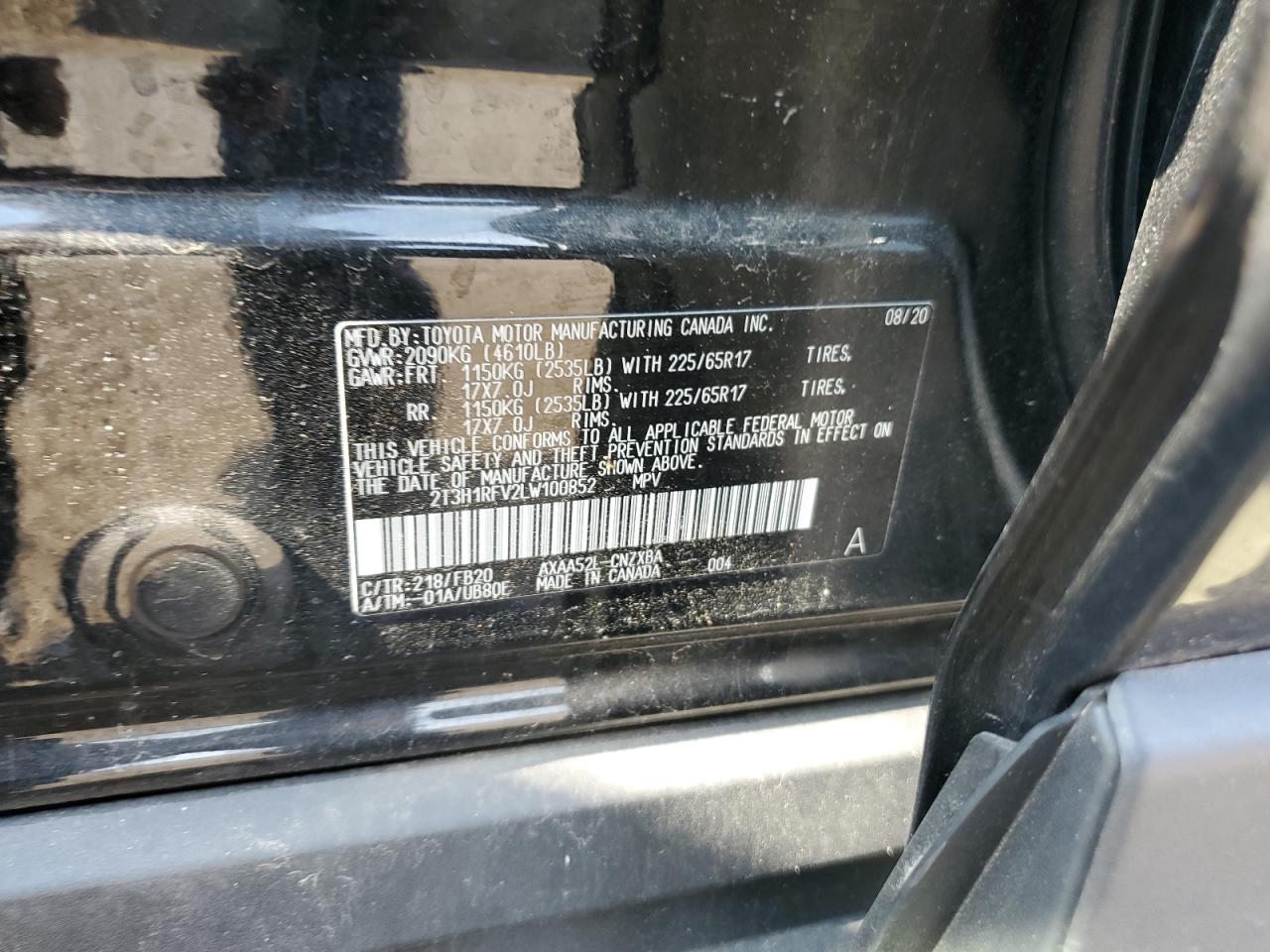2T3H1RFV2LW100852 2020 Toyota Rav4 Le