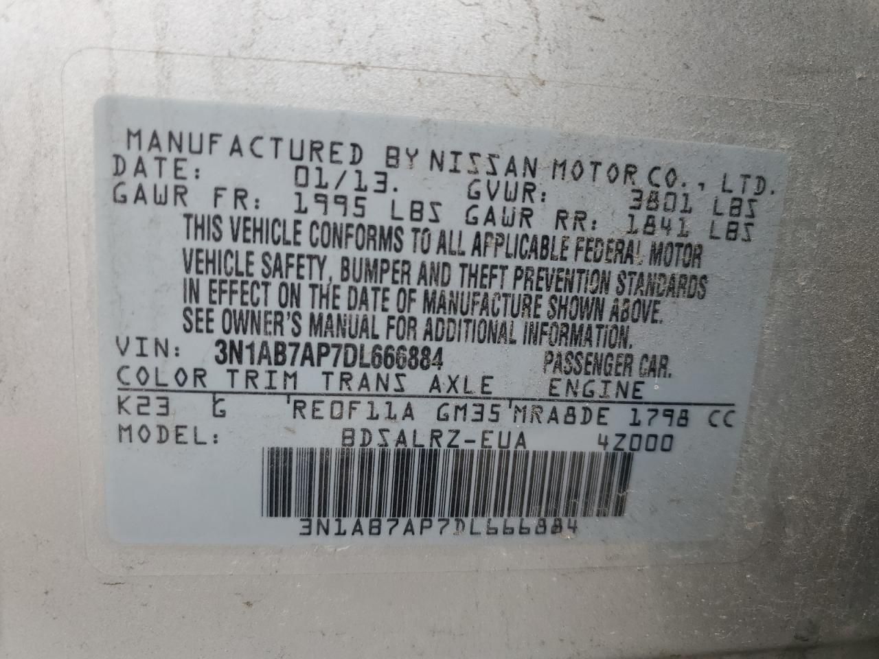 3N1AB7AP7DL666884 2013 Nissan Sentra S