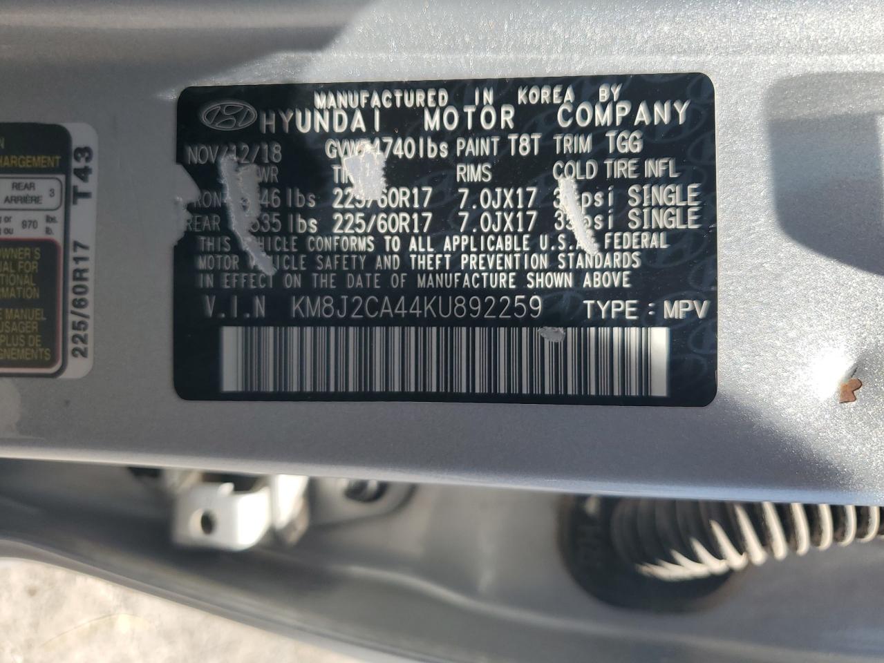 KM8J2CA44KU892259 2019 Hyundai Tucson Se