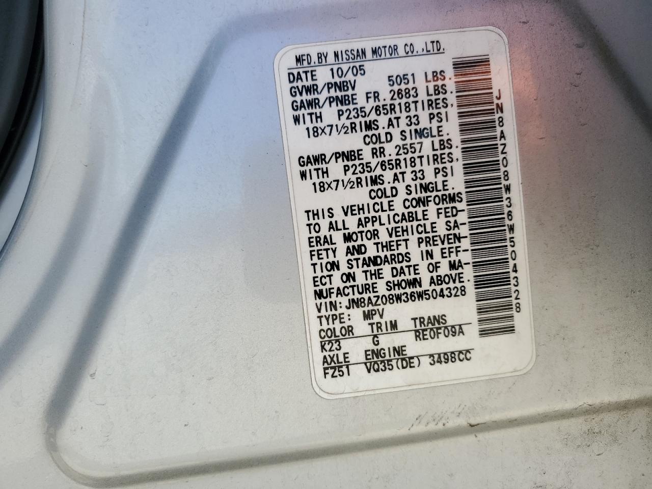 JN8AZ08W36W504328 2006 Nissan Murano Sl