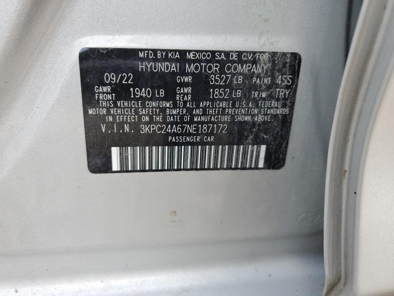 3KPC24A67NE187172 2022 Hyundai Accent Se