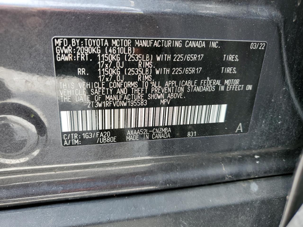 2T3W1RFV0NW195583 2022 Toyota Rav4 Xle