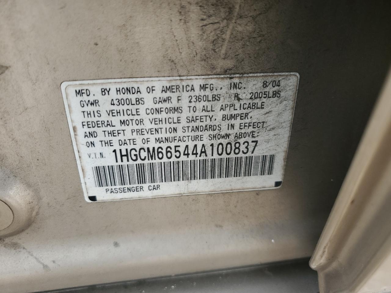 1HGCM66544A100837 2004 Honda Accord Ex