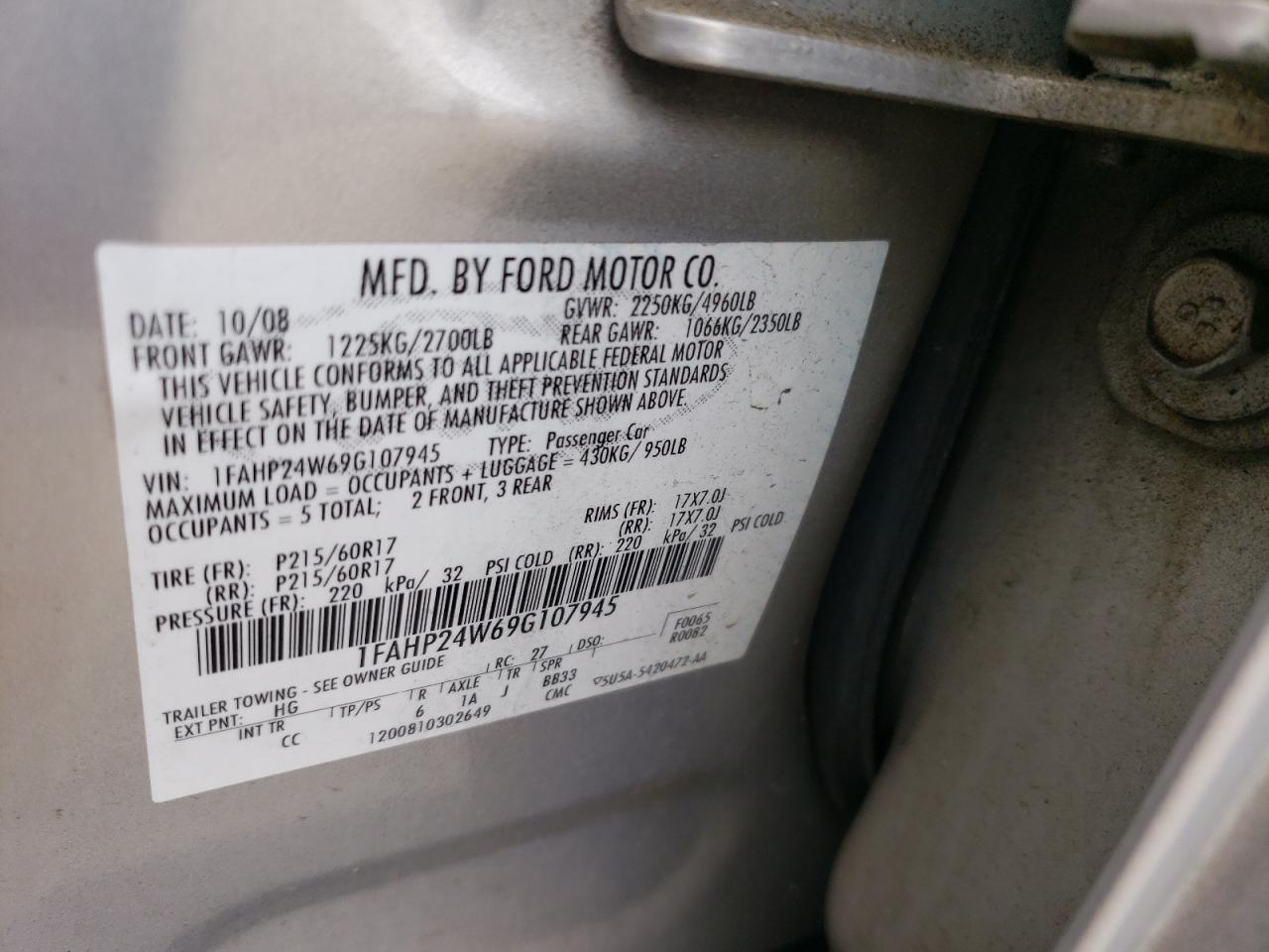 1FAHP24W69G107945 2009 Ford Taurus Sel