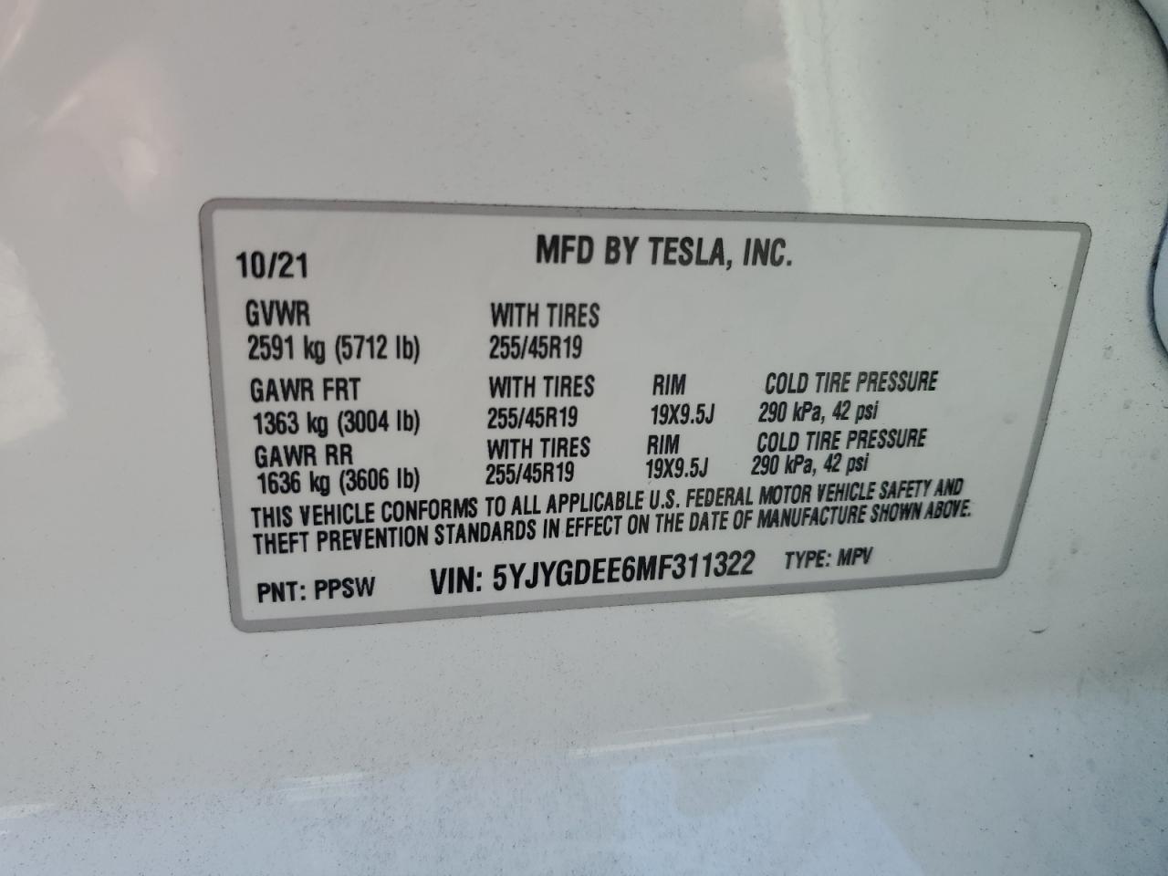 5YJYGDEE6MF311322 2021 Tesla Model Y