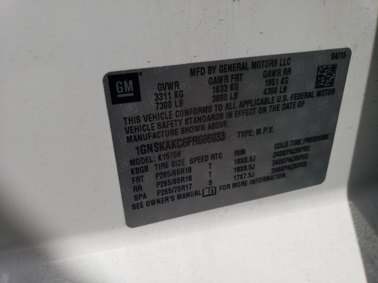 1GNSKAKC6FR666033 2015 Chevrolet Tahoe K1500 Ls