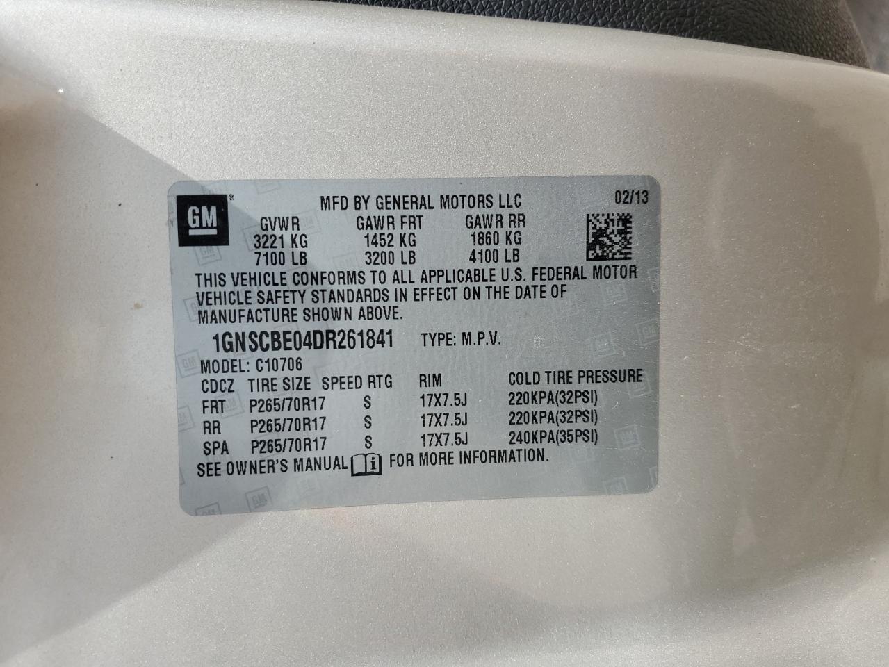 1GNSCBE04DR261841 2013 Chevrolet Tahoe C1500 Lt