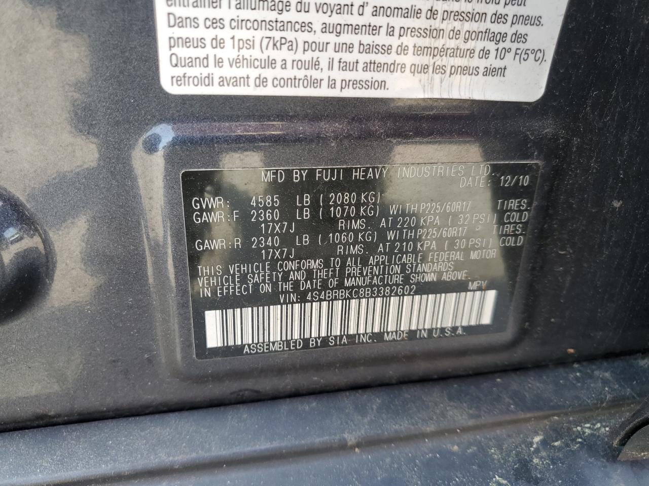 4S4BRBKC8B3382602 2011 Subaru Outback 2.5I Limited