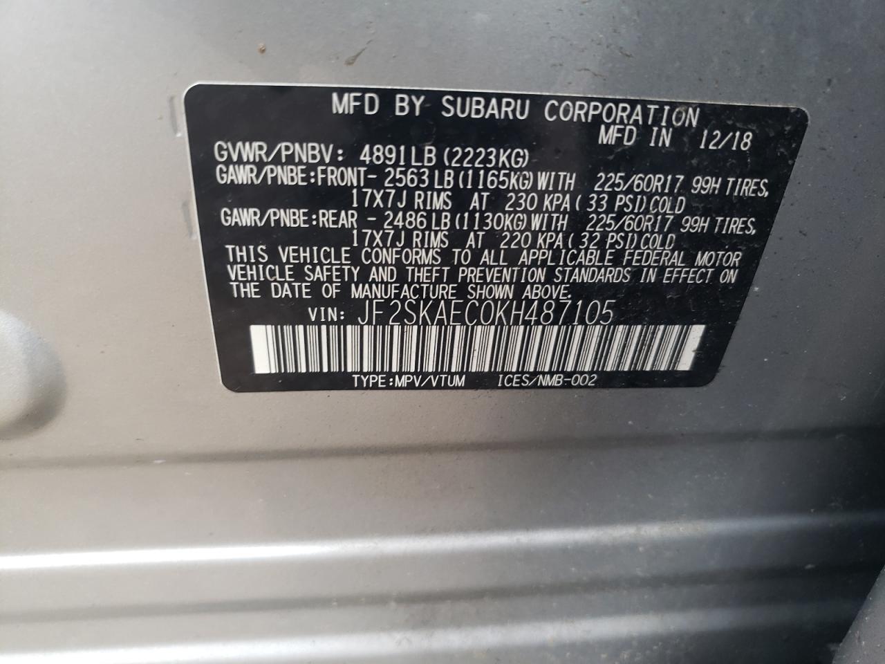 JF2SKAEC0KH487105 2019 Subaru Forester Premium