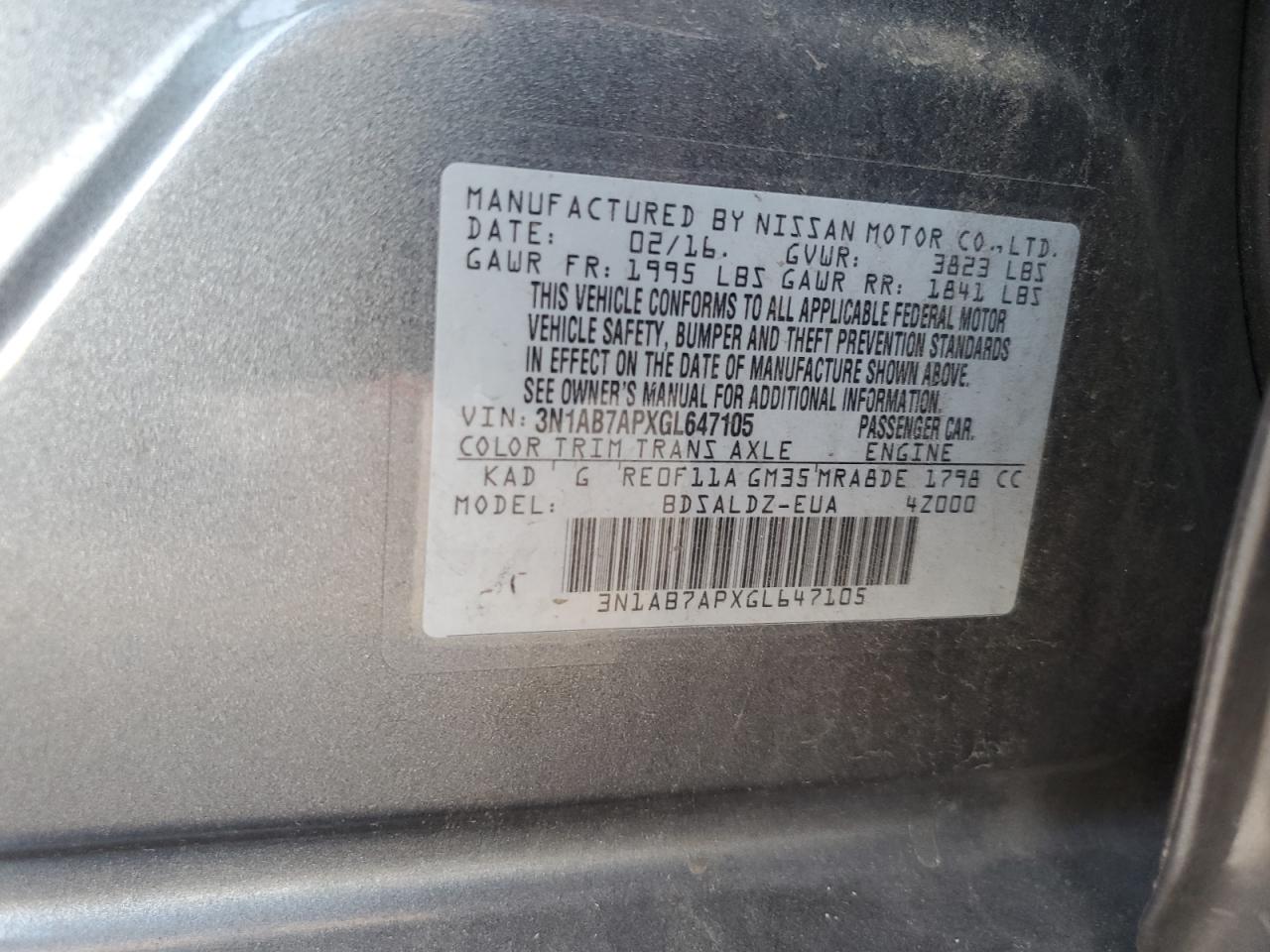 3N1AB7APXGL647105 2016 Nissan Sentra S