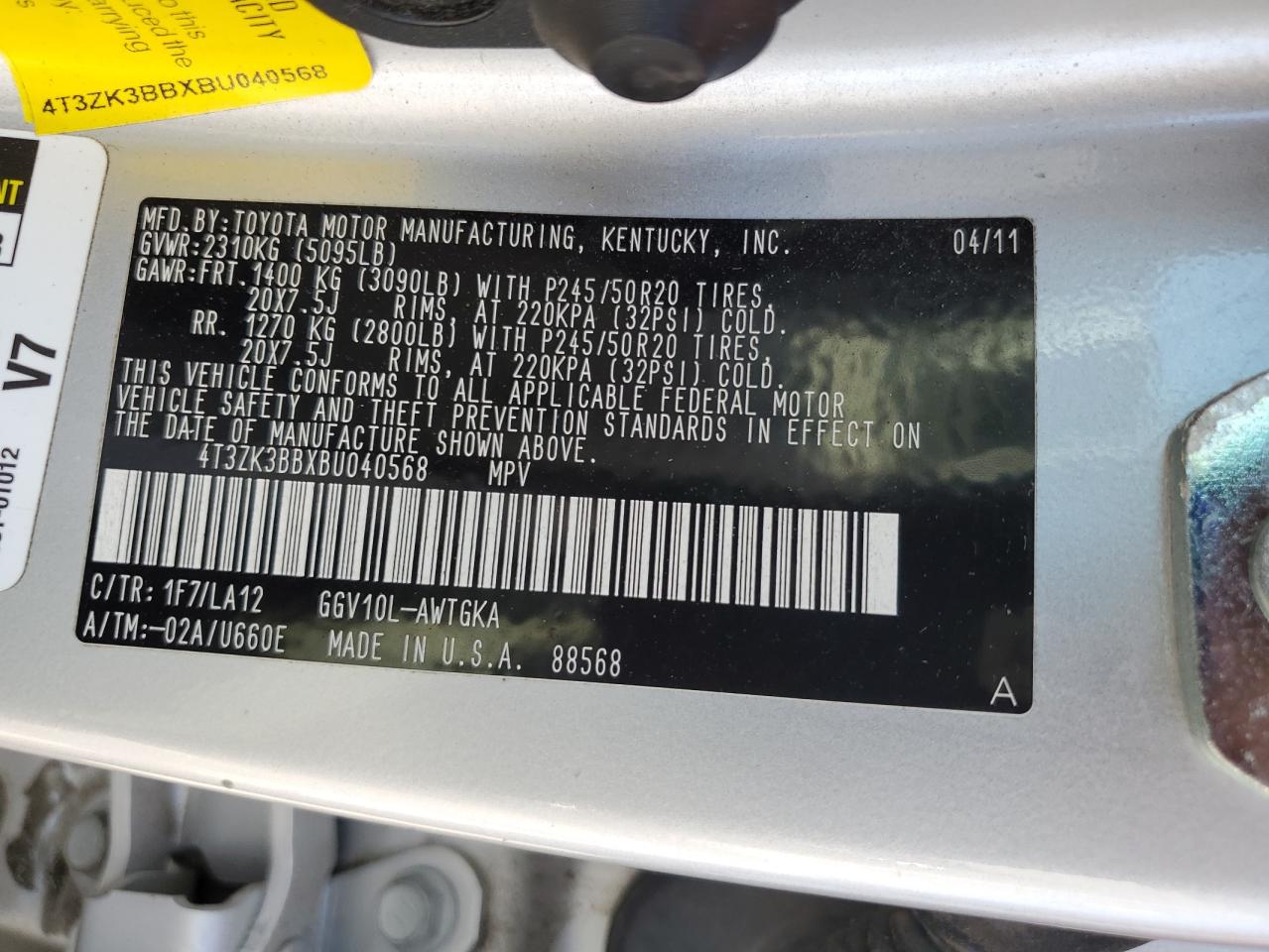 4T3ZK3BBXBU040568 2011 Toyota Venza