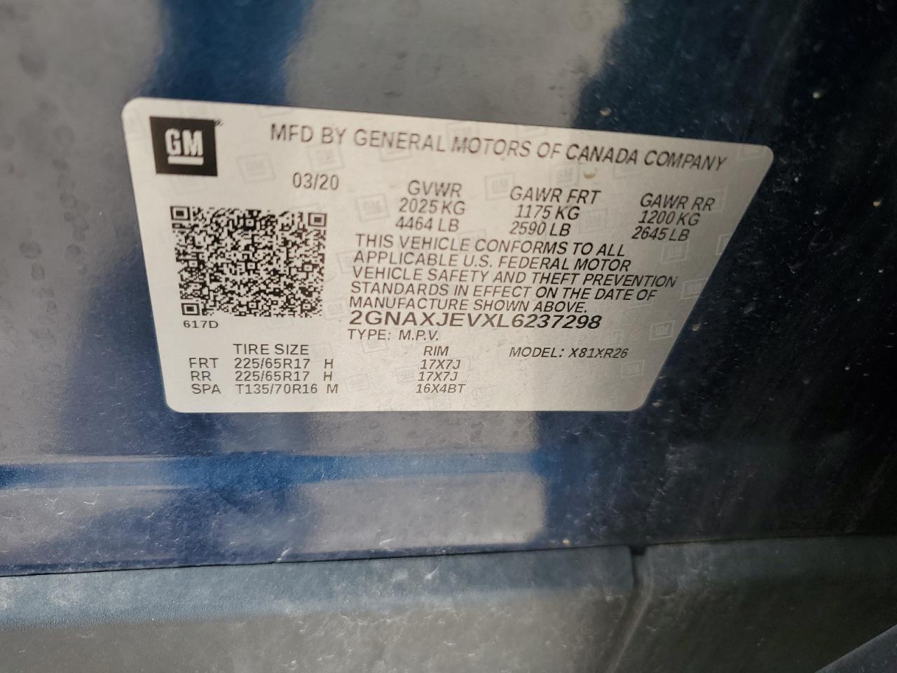 2GNAXJEVXL6237298 2020 Chevrolet Equinox Lt