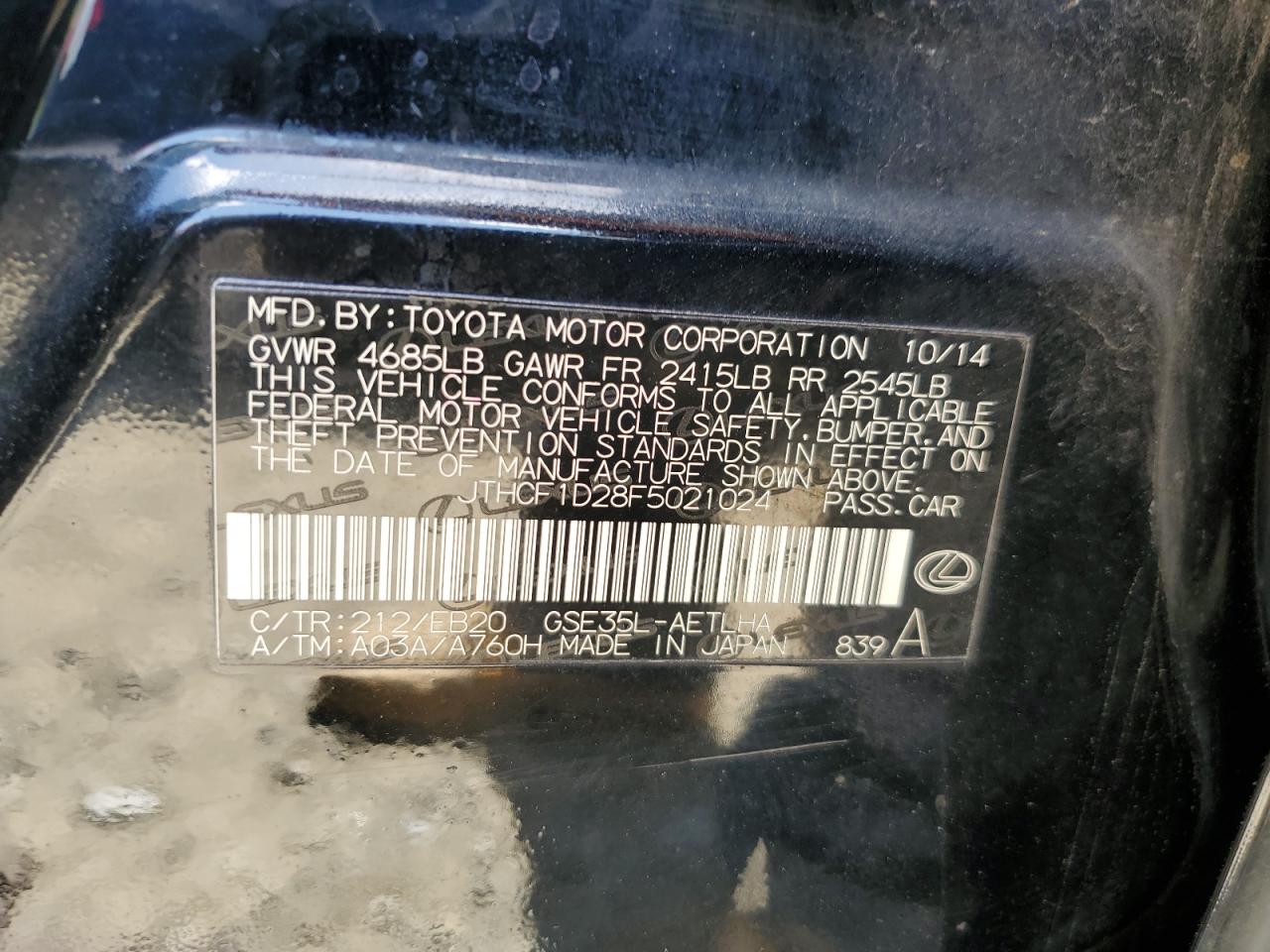 JTHCF1D28F5021024 2015 Lexus Is 250