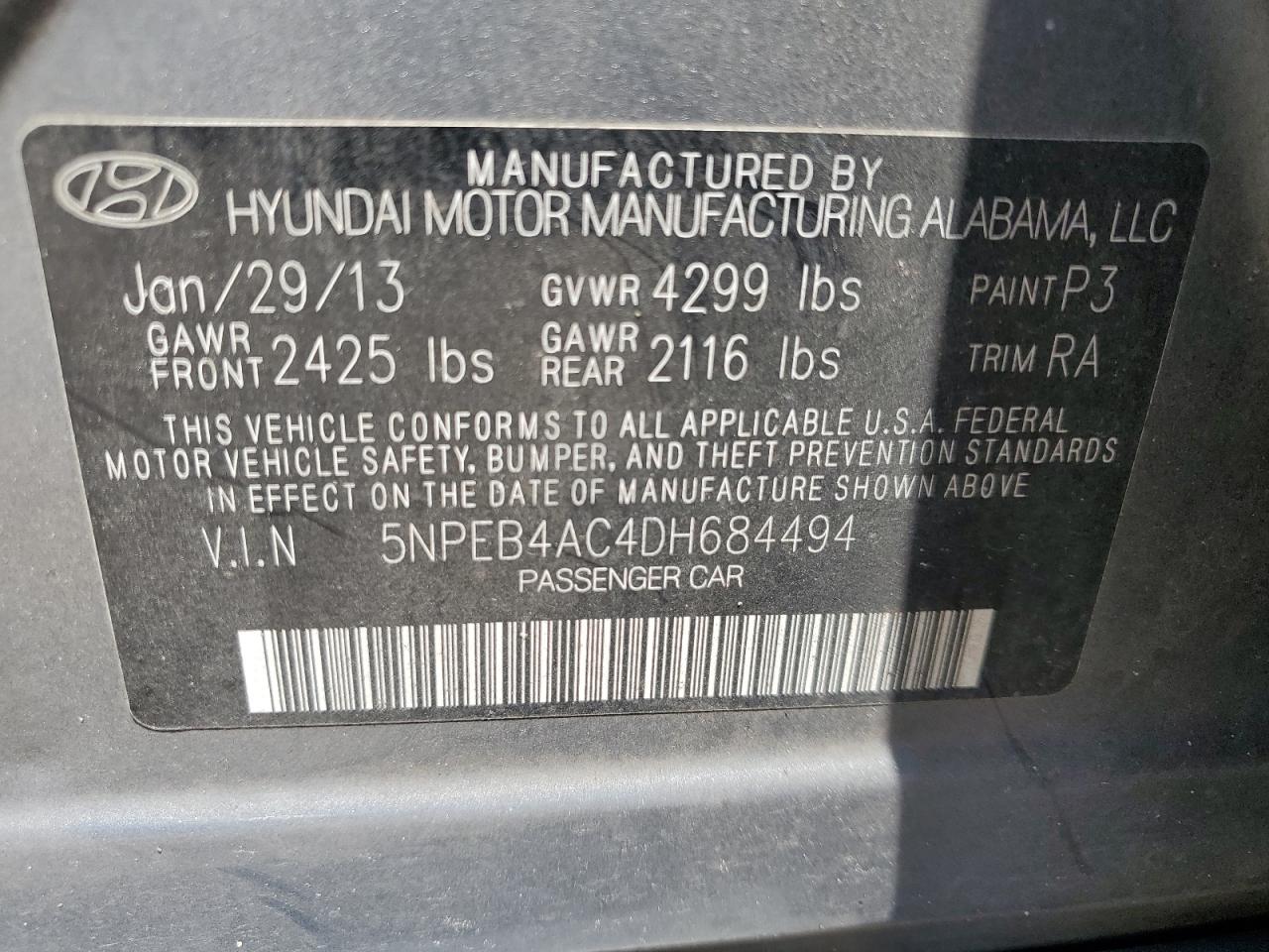 5NPEB4AC4DH684494 2013 Hyundai Sonata Gls