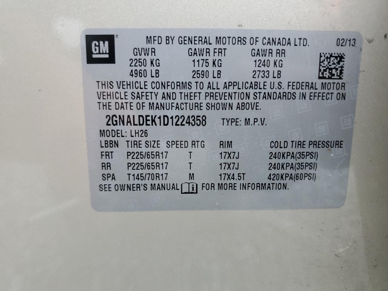 2GNALDEK1D1224358 2013 Chevrolet Equinox Lt