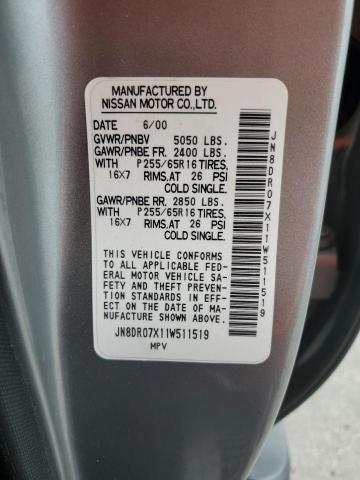2001 Nissan Pathfinder Le VIN: JN8DR07X11W511519 Lot: 60907264