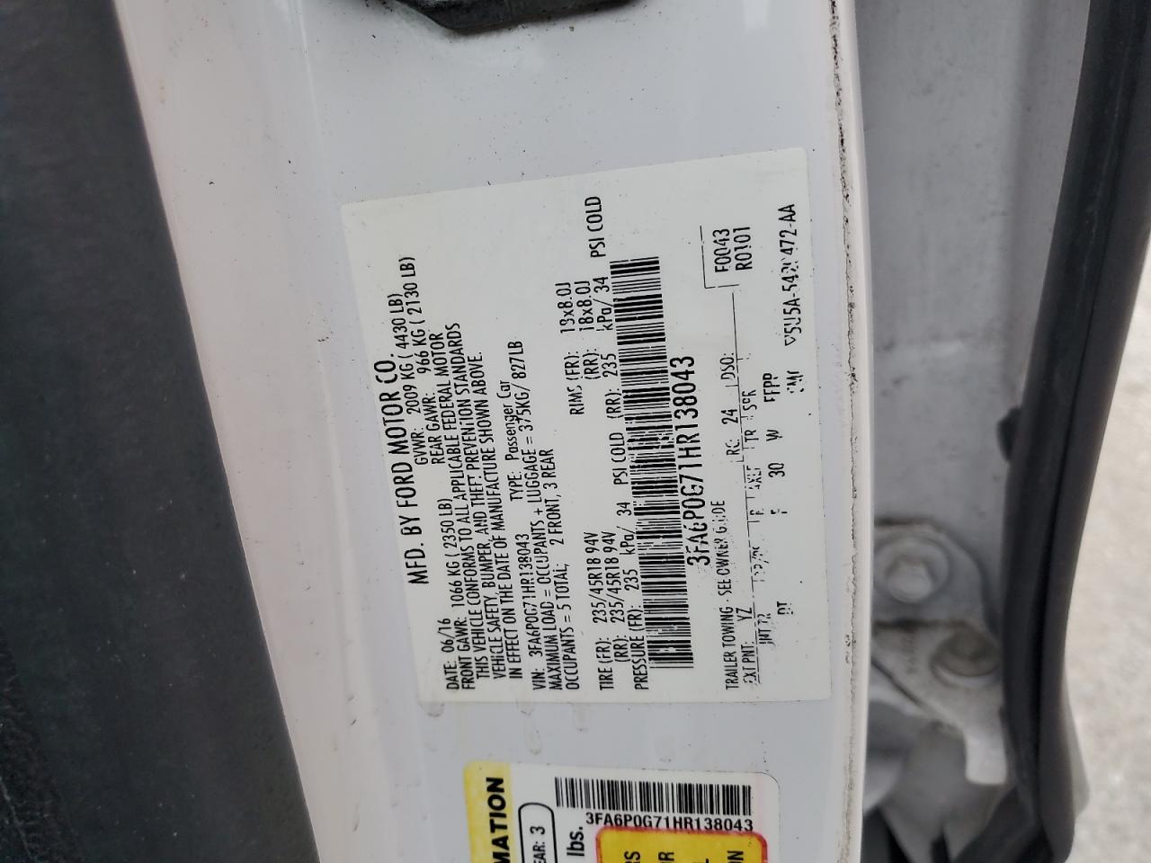 3FA6P0G71HR138043 2017 Ford Fusion S