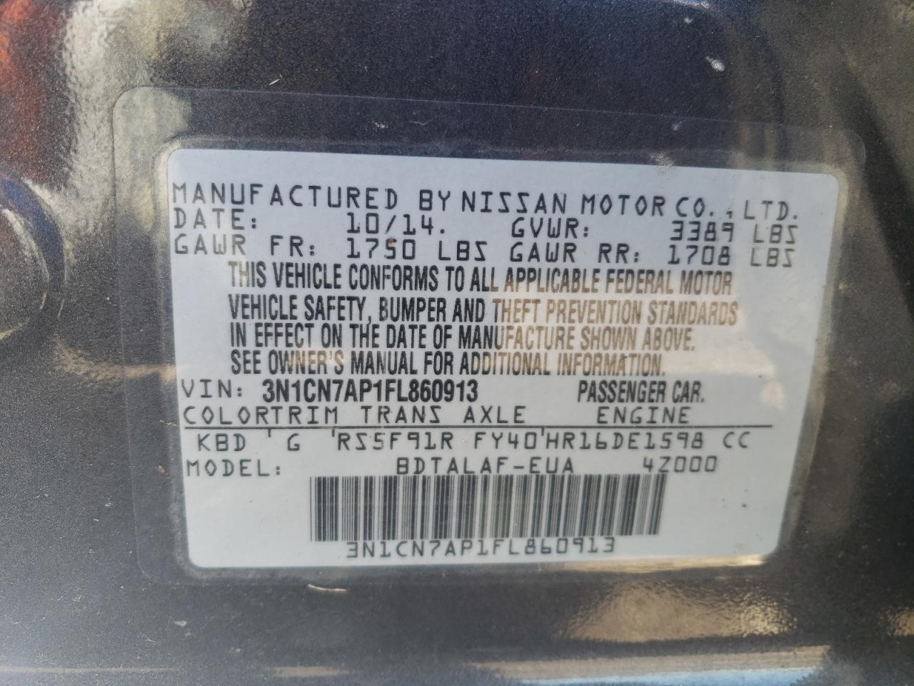 3N1CN7AP1FL860913 2015 Nissan Versa S