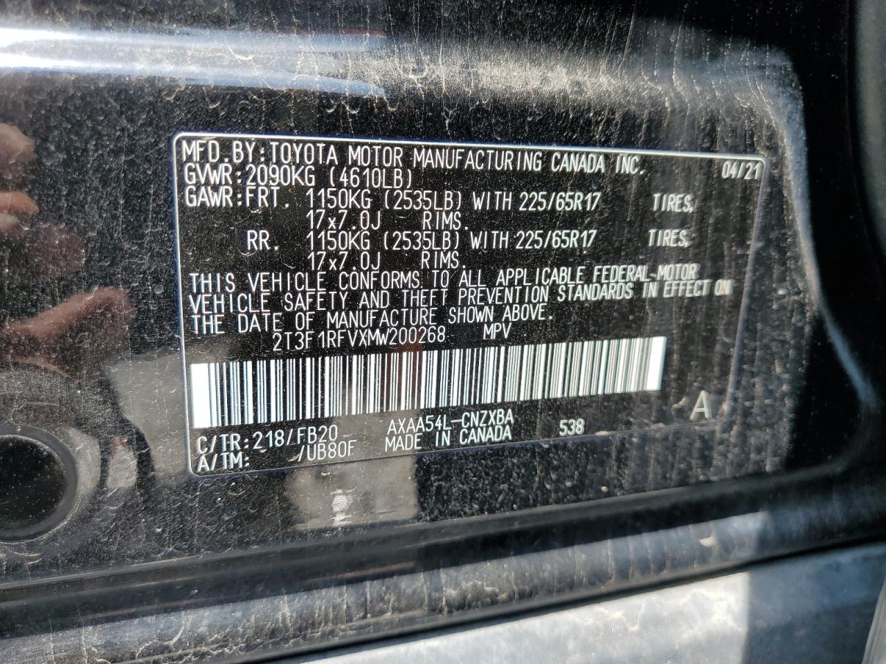 2T3F1RFVXMW200268 2021 Toyota Rav4 Le