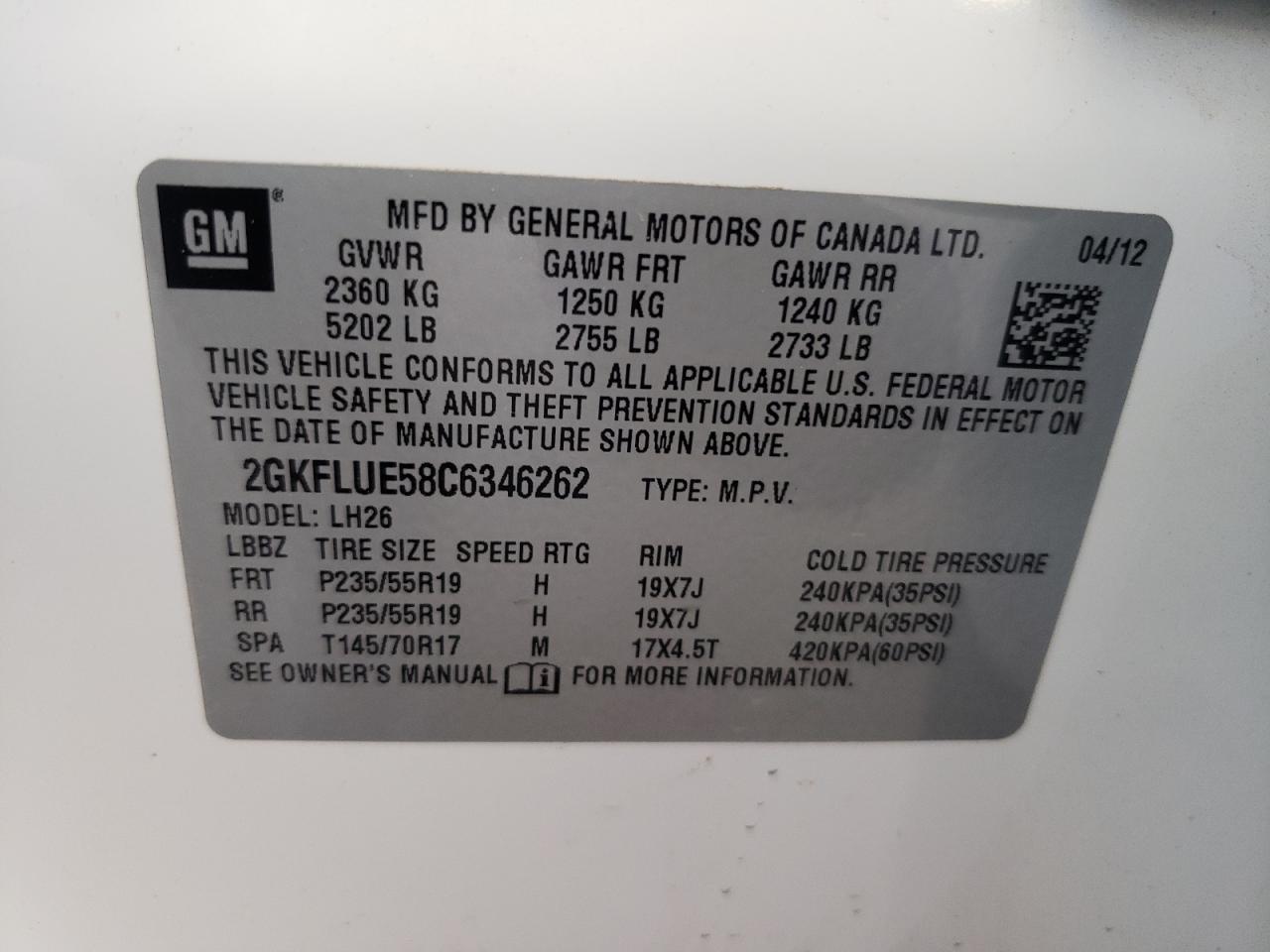 2GKFLUE58C6346262 2012 GMC Terrain Slt