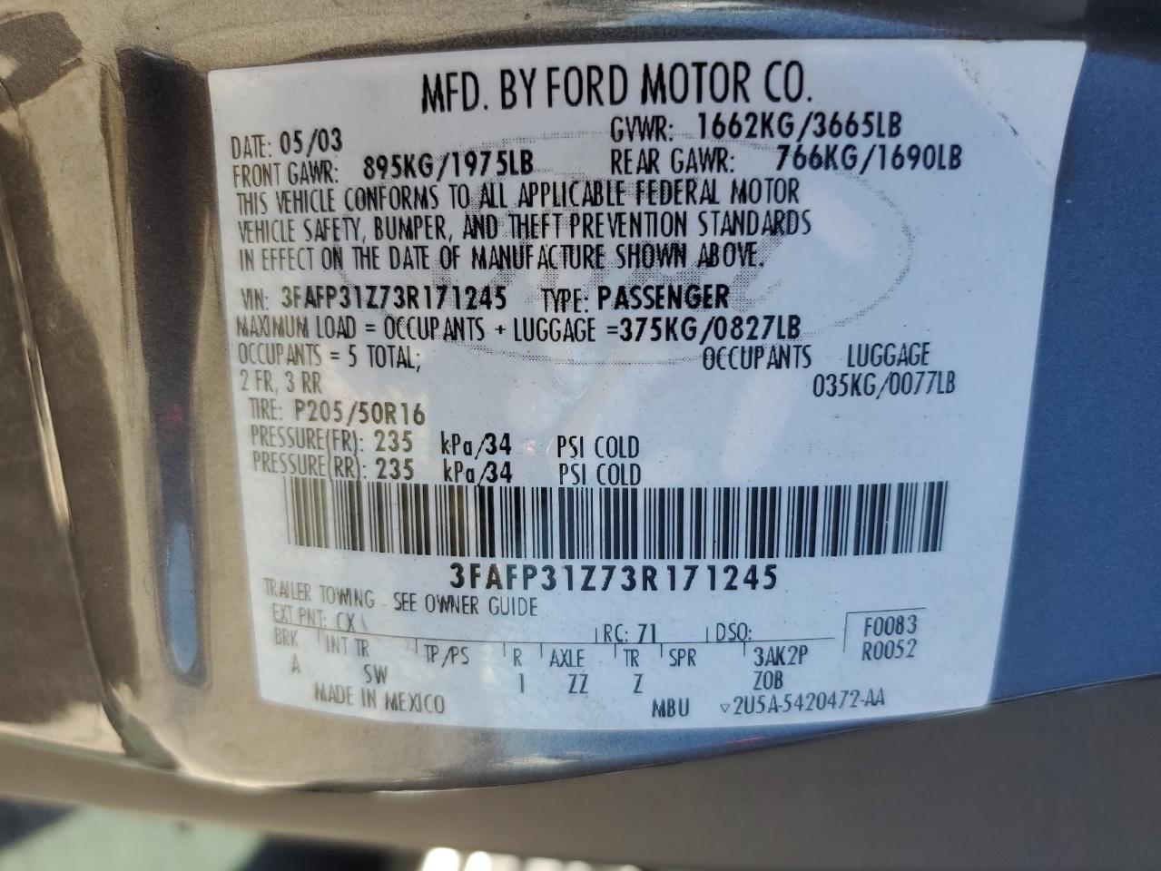 3FAFP31Z73R171245 2003 Ford Focus Zx3