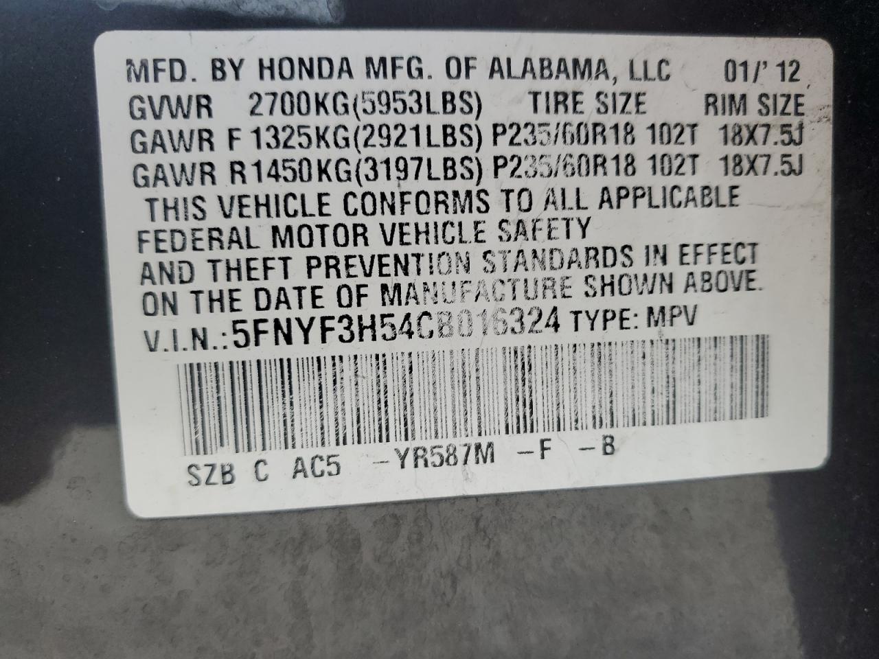 5FNYF3H54CB016324 2012 Honda Pilot Exl