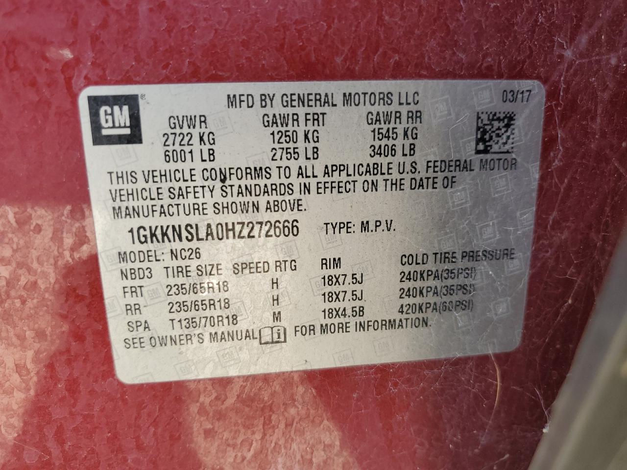 1GKKNSLA0HZ272666 2017 GMC Acadia Sle