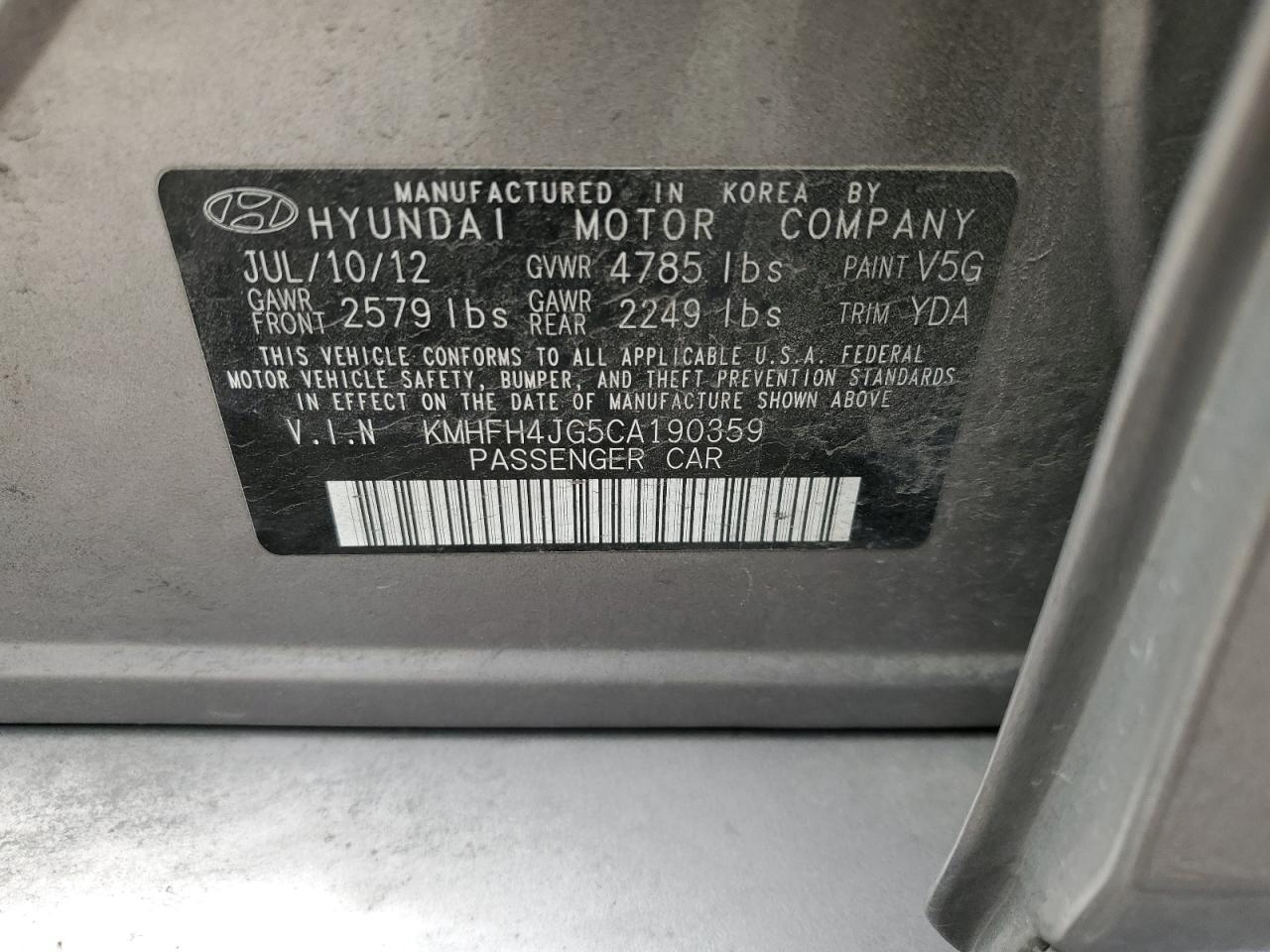 KMHFH4JG5CA190359 2012 Hyundai Azera Gls