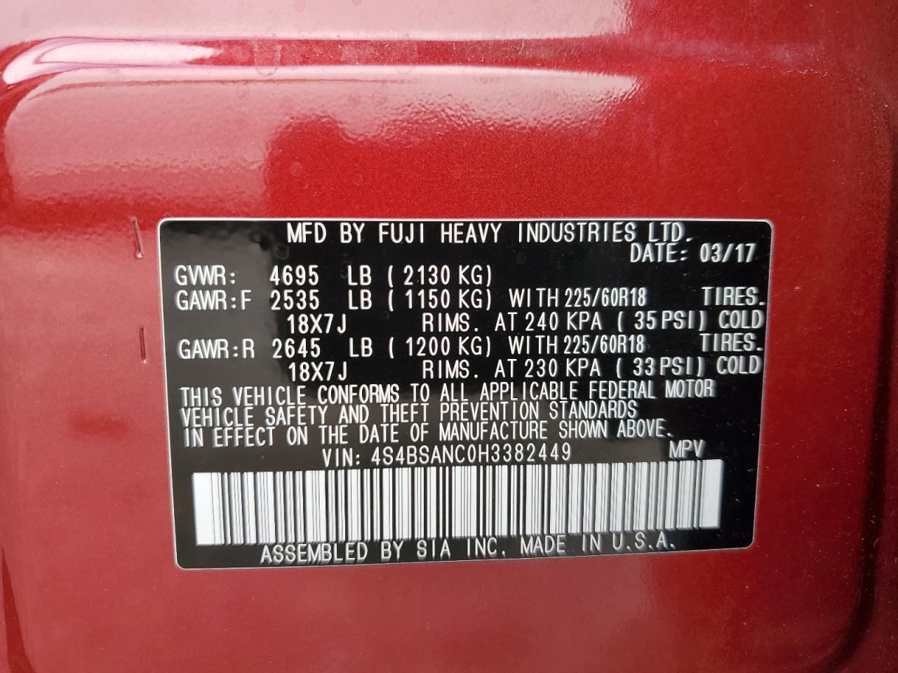 4S4BSANC0H3382449 2017 Subaru Outback 2.5I Limited